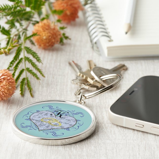 Llavero Algo azul Boda Monograma Vow Corazón (Lado)