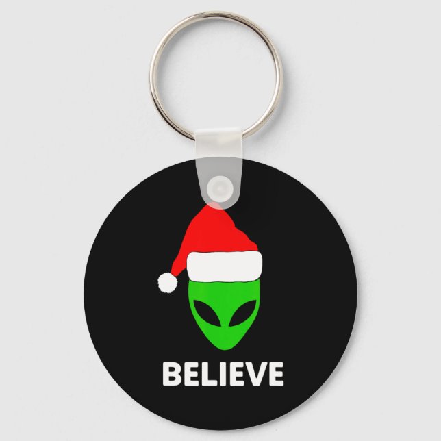 Llavero Alien Green Face Christmas Santa Hat Believe  (Anverso)