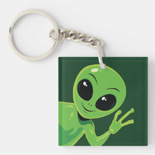 Llavero Alienígena verde saludando dibujo animado amistoso