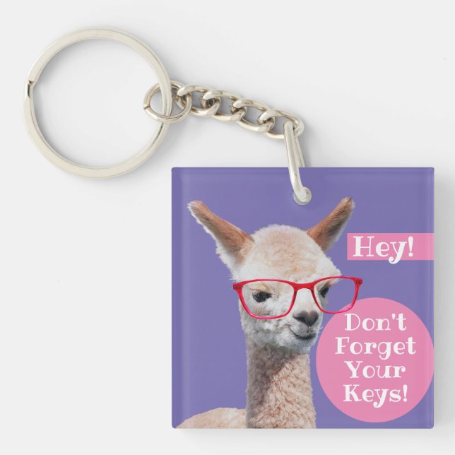 Llavero Alpaca en gafas rojas dice "No olvides tus llaves" (Frente)