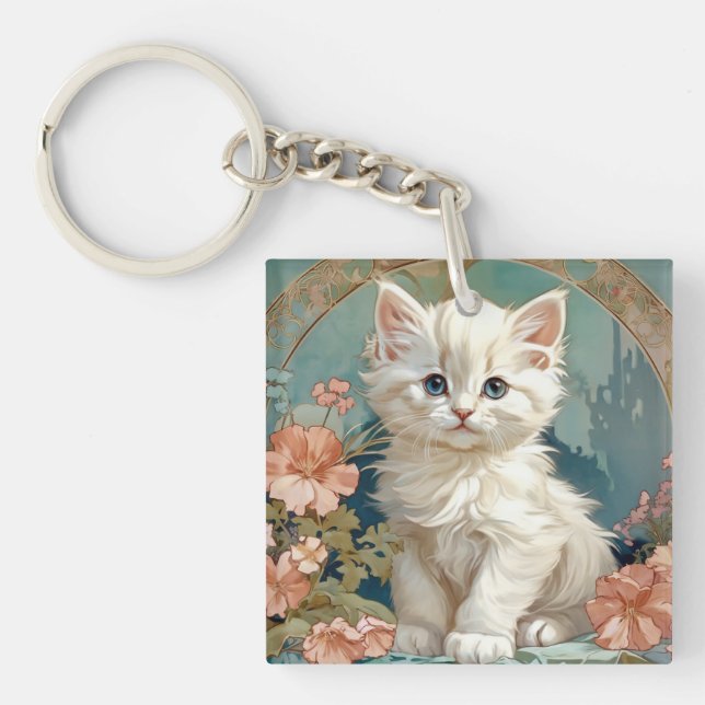 Llavero Alphonse Mucha Estilo Gato Blanco (Frente)