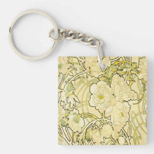 Llavero Alphonse Mucha Peonías Patrón Floral Art Nouveau