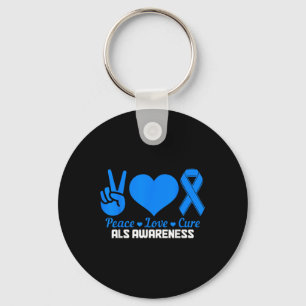 Llavero Als Awareness Month Peace Love Cure Blue Ribbon