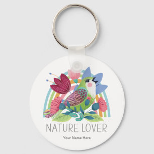 Llavero Amante de la Naturaleza Acuarela Pájaro Flores Arc