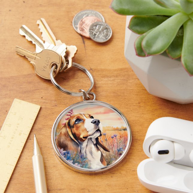 Llavero Amante de perros Beagle con prado de flores silves (Escritorio )