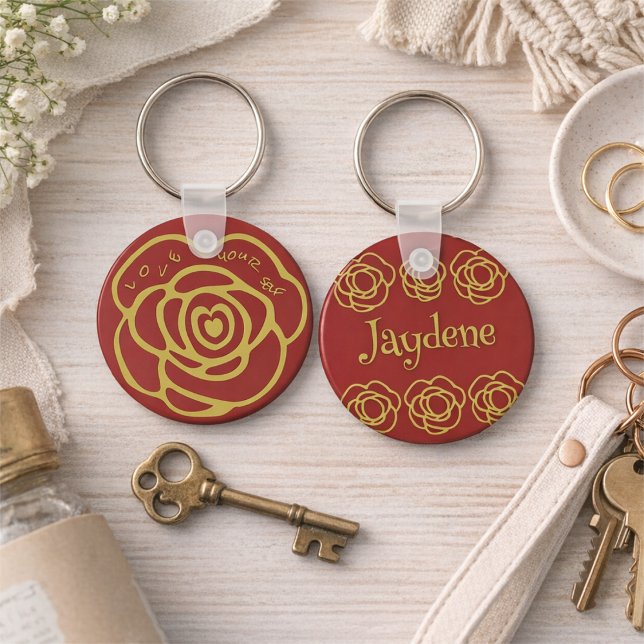 Llavero Ámate Rosa Roja (Front says “LOVE YOUR SELF.” Back says your name. This red rose keychain is bold and giftable.)