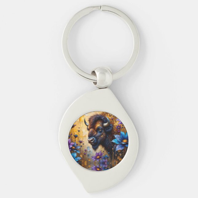 Llavero American Bison in textured Flower portrait (Anverso)