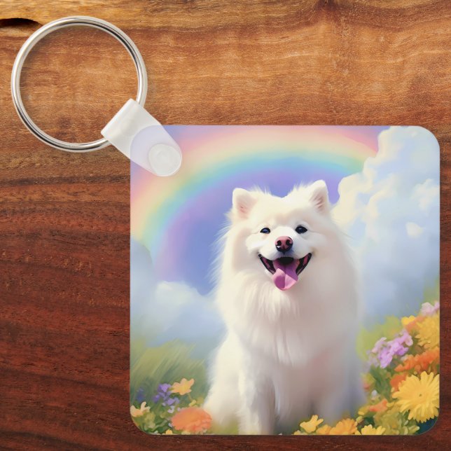 Llavero American Eskimo Dog Memorial Custom Name Rainbow (Anverso)
