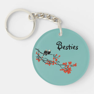 Llavero Amistad Cita Dos Aves Hojas Rojas Monograma