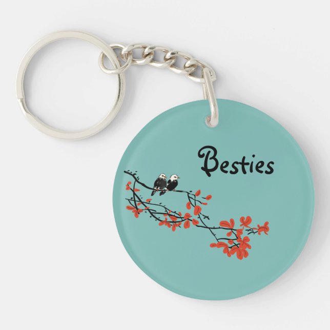 Llavero Amistad Cita Dos Aves Hojas Rojas Monograma (Frente)