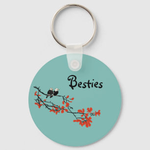 Llavero Amistad Cita Dos Aves Hojas Rojas Monograma