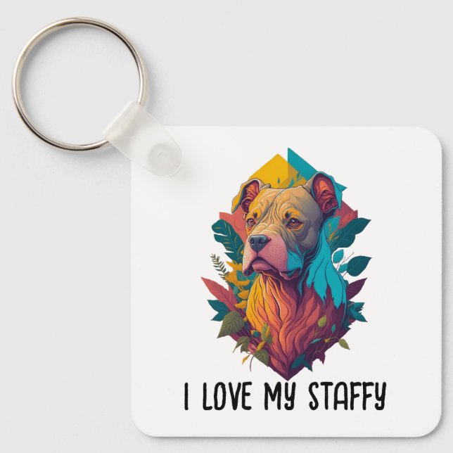 Llavero Amo mi Staffy - Staffordshire Terrier, Tropical (Anverso)