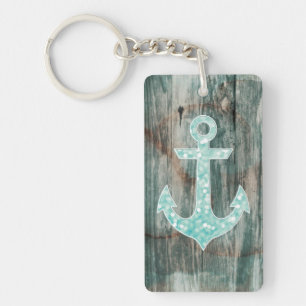 Llavero Anchor de Purpurina náutico Aqua Bokeh en madera