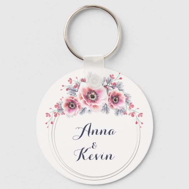Llavero Anémonas blancas y rosas, flores. (Anverso)