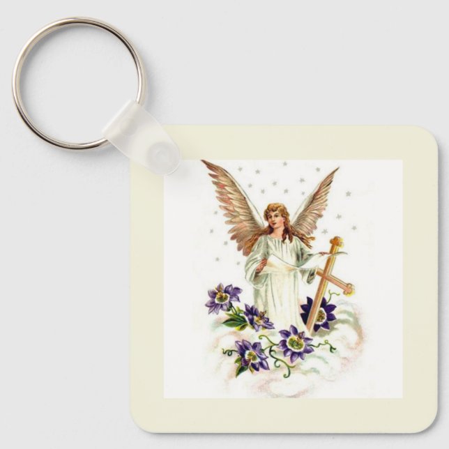 Llavero Ángel con cruz y flores de clemátide (Anverso)