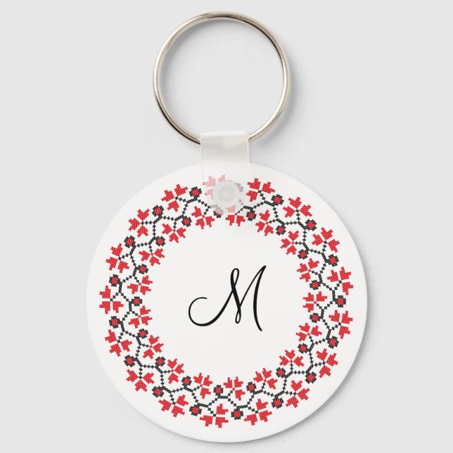 Llavero Anillo de flores rojas Monograma personalizado ini (Anverso)