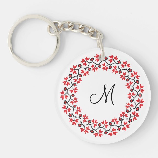 Llavero Anillo de flores rojas Monograma personalizado ini (Frente)