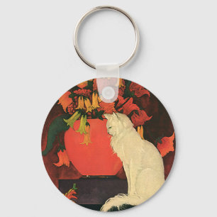 Llavero Animales antiguos, gato blanco elegante, flores de