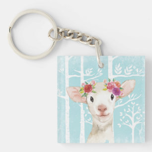 Llavero Animales felices con flores en ovejas de bosque az