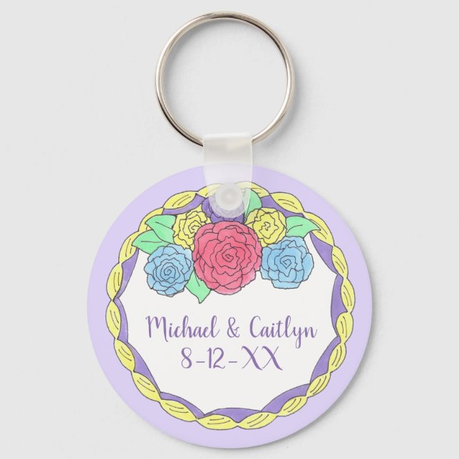 Llavero Aniversario Boda Favor Pastel con Rosas Keychain (Anverso)