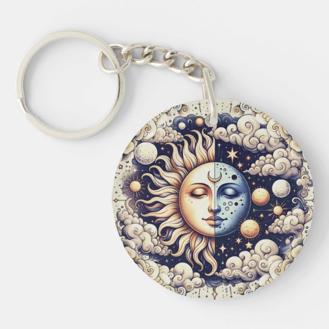 Llavero Antiguo Celestial Medio Sol y Luna Azul Amarillo (Frente)