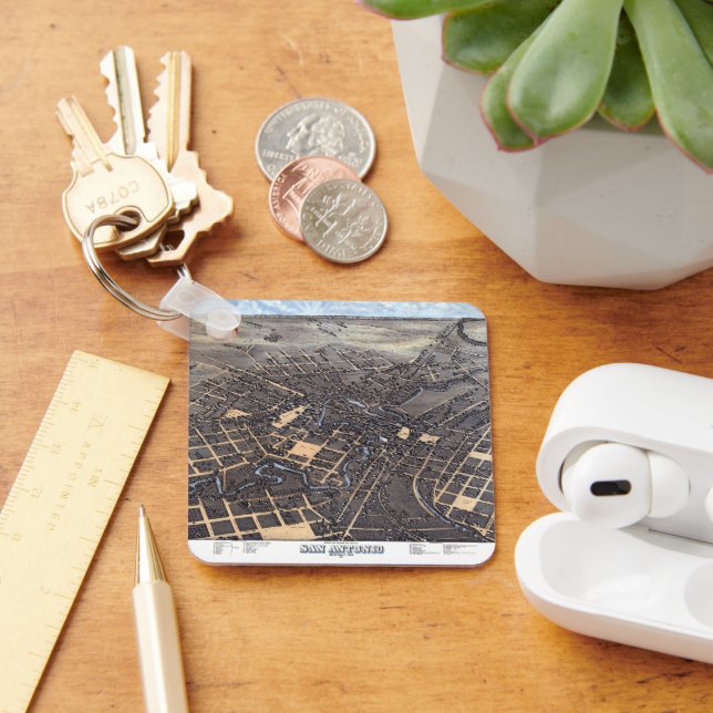 Llavero Antique Aerial City Map of San Antonio, Texas 1873 (Escritorio )