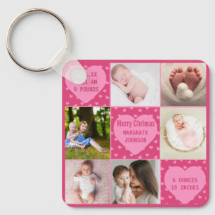 Llavero Anuncio de nacimiento de niña de 6 fotos rosa mode