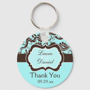 Llavero Aqua, Brown, White Damask Wedding Keychain