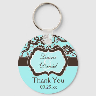 Llavero Aqua, Brown, White Damask Wedding Keychain