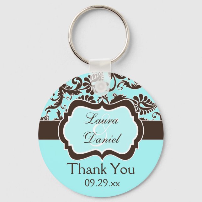 Llavero Aqua, Brown, White Damask Wedding Keychain (Anverso)