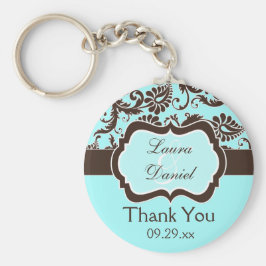 Llavero Aqua, Brown, White Damask Wedding Keychain