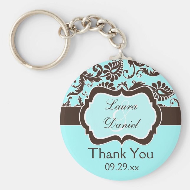 Llavero Aqua, Brown, White Damask Wedding Keychain (Frente)