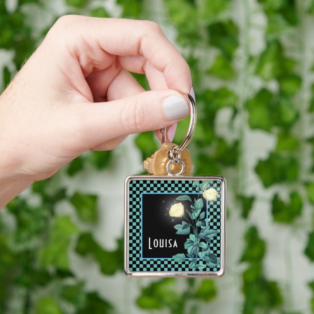 Llavero Aqua Checkerboard Floral personalizada (Mano)