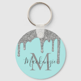 Llavero Aqua Teal Silver Sparkle Glitter Drips Monogram