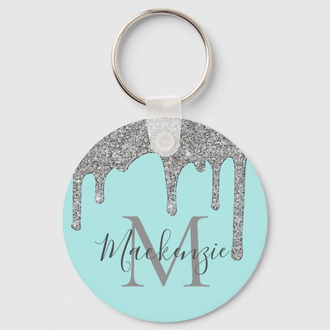 Llavero Aqua Teal Silver Sparkle Glitter Drips Monogram (Anverso)