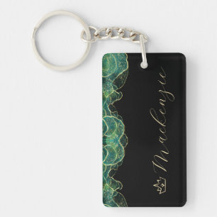 Llavero Aqua Verde y Dorado Elegante Letra Personalizada
