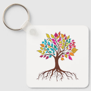 Llavero Árbol abstracto con raíces y hojas coloridas.