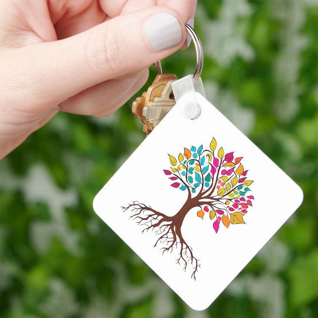 Llavero Árbol abstracto con raíces y hojas coloridas. (Vibrant Tree of Life: Roots and colorful leaves. Keychain)