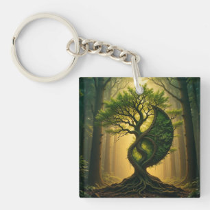 Llavero Árbol de fantasía con forma de Yin Yang en bosque