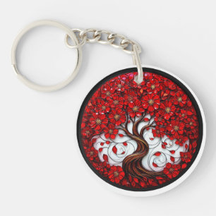 Llavero Árbol de flores rojas vibrantes con detalles elega