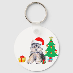 Llavero árbol de Navidad, cachorro de Yorkshire y regalos