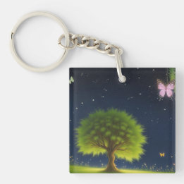 Llavero Árbol de sauce nocturno con mariposas y luciérnaga