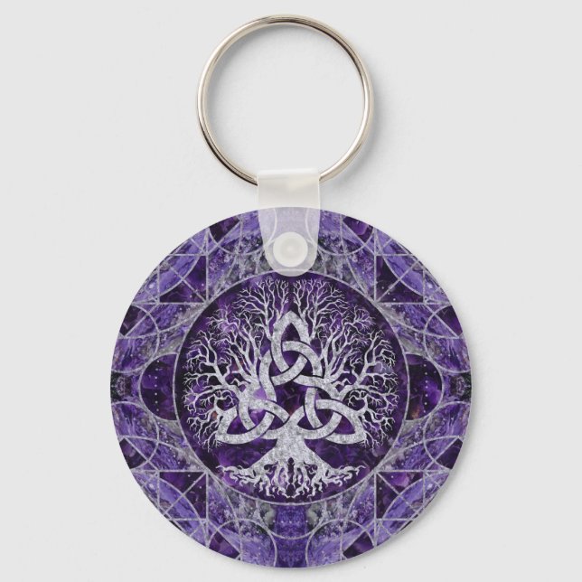 Llavero Árbol de vida con Triquetra Ametista y plata (Anverso)