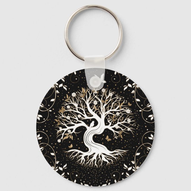 Llavero Árbol de vida - Yggdrasil - blanco negro y oro (Anverso)