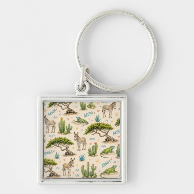 Llavero árbol divi de Aruba, burro, iguana, cactus (Frente)