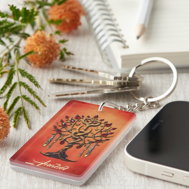 Llavero Árbol dorado de la vida con piedras preciosas roja (Frente Derecha)