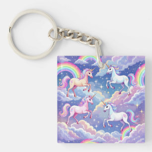 Llavero Arcoíris brillante y unicornios en nubes