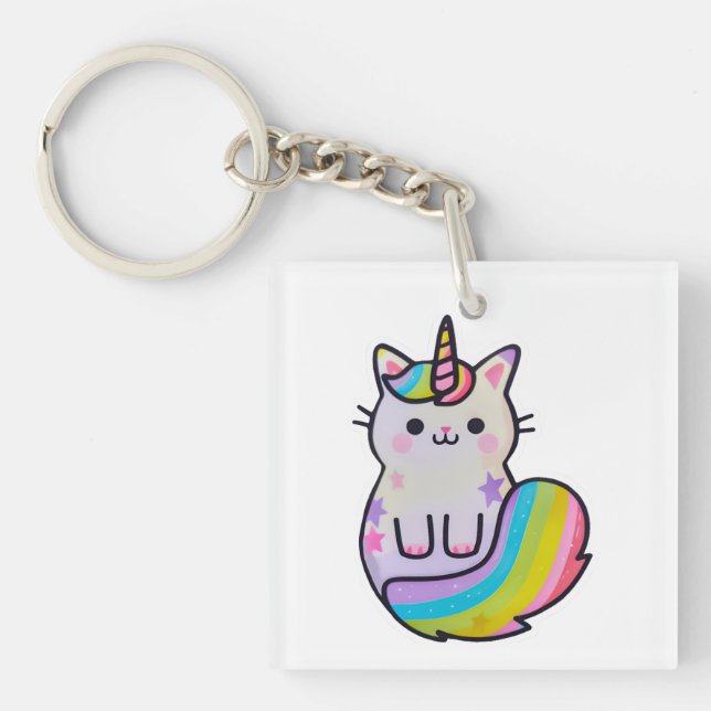 Llavero Arcoiris unicornio de gato blanco (Frente)