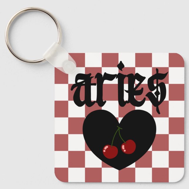 Llavero Aries Diseño Estético Gótico de cerezo a cuadros (Anverso)