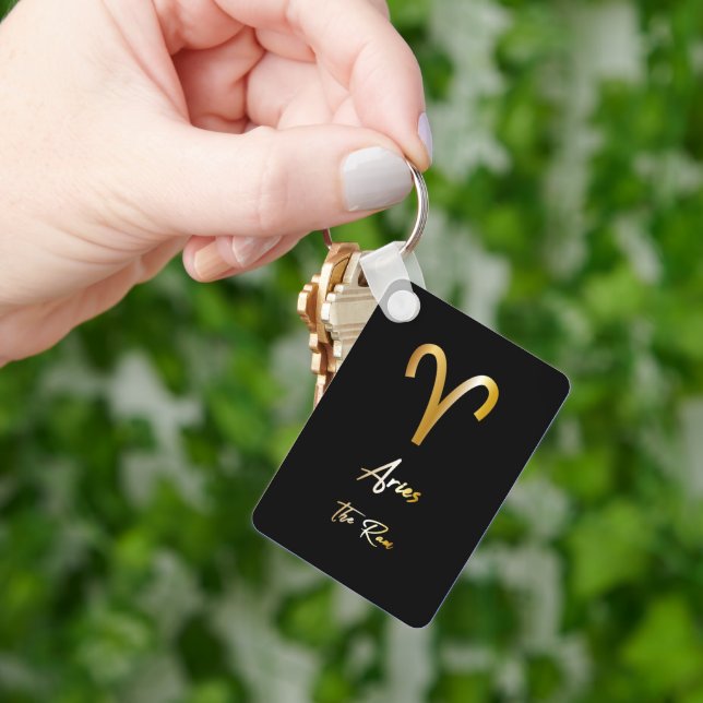 Llavero Aries Zodiac Rótulo, Black & Gold Keychain (Mano)